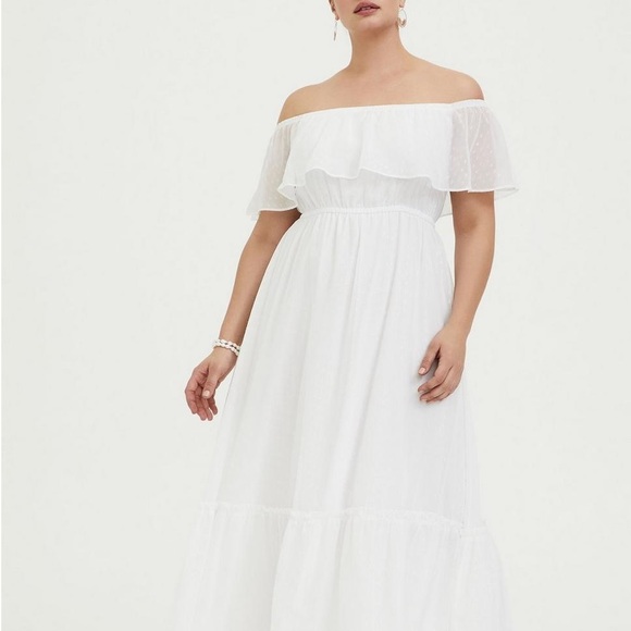 torrid Dresses & Skirts - Torrid Womens White Chiffon Swiss Dot Off Shoulder Shirred Maxi Dress Size 4X